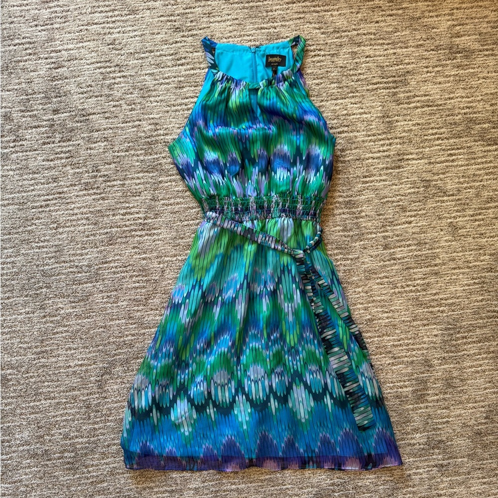 Laundry by Sheli Segal Halter Ikat Print Tye Dye Keyhole Midi Chiffon Dress